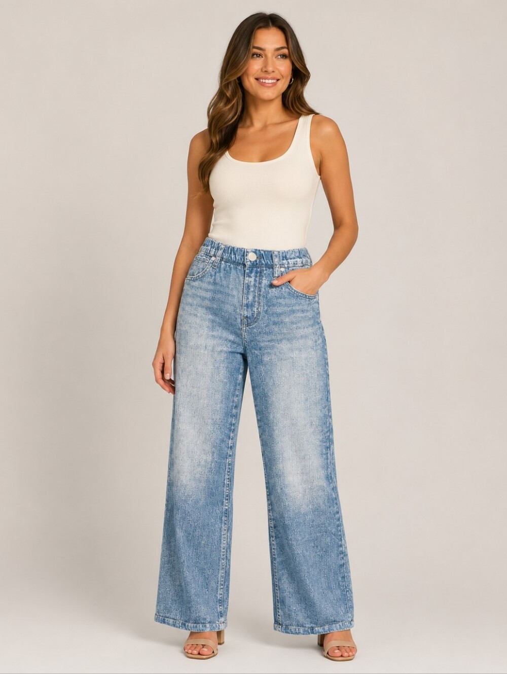 New Mila Rosabella Wide Leg Jeans Size L Light Wash High Rise Stretch Pull On De